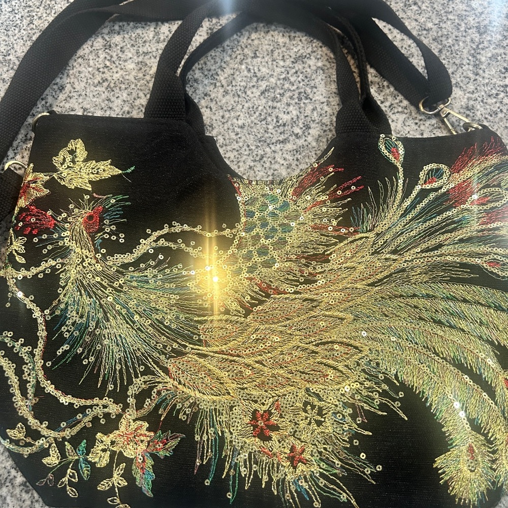 Black Tote with Gold and Red Embroidery